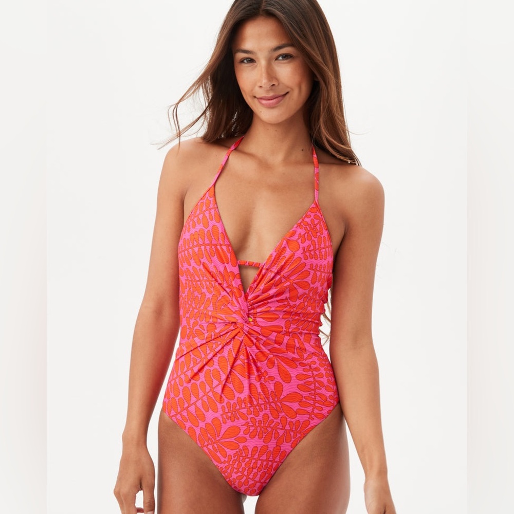 Trina Turk TRELLIS PLUNGE ONE PIECE SWIMSUIT Halter Removable Pads Size 8